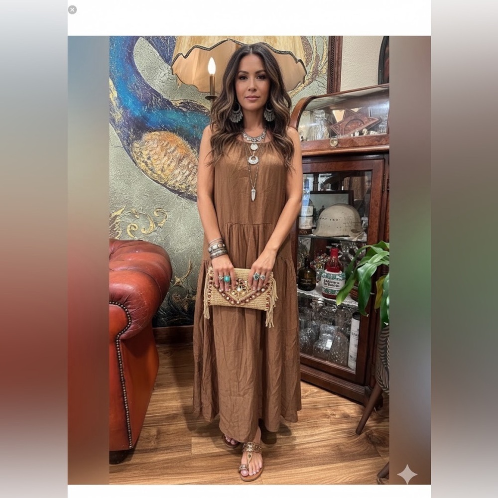 PRLA Boho Glam Tiered Maxi Dress Brown Halter Neck Sleeveless Medium NWT